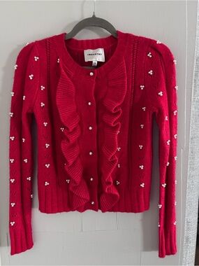 Industry Red Ruffle Pearl-Accent Cardigan